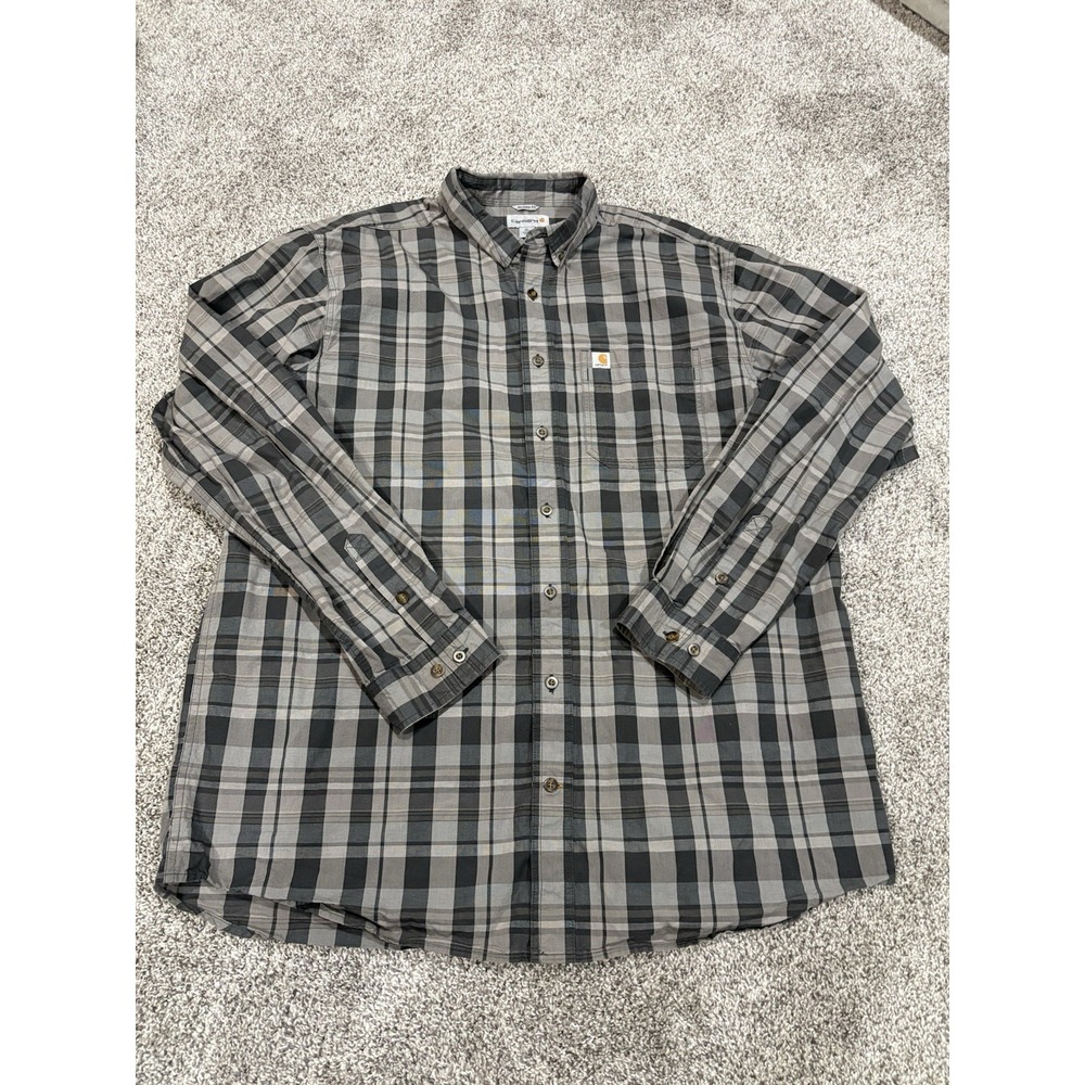 Carhartt Relaxed Fit Plaid Shirt Mens XL Tall Grey Black Long Sleeve Button Down - Picture 2 of 6